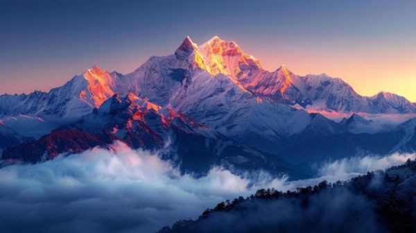 Snow-capped Himalayan peaks glowing at sunrise