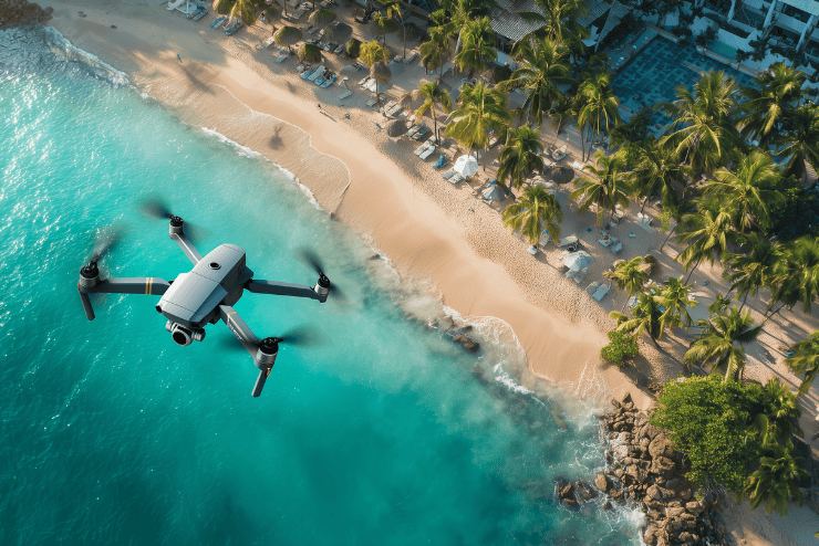 Drone flying over a tropical resort coastline