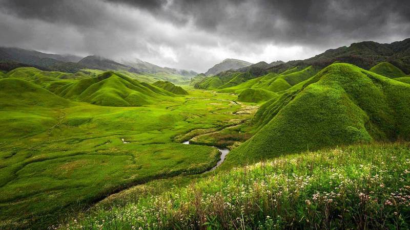 Rolling green hills of the Dzukou Valley in Northeast India