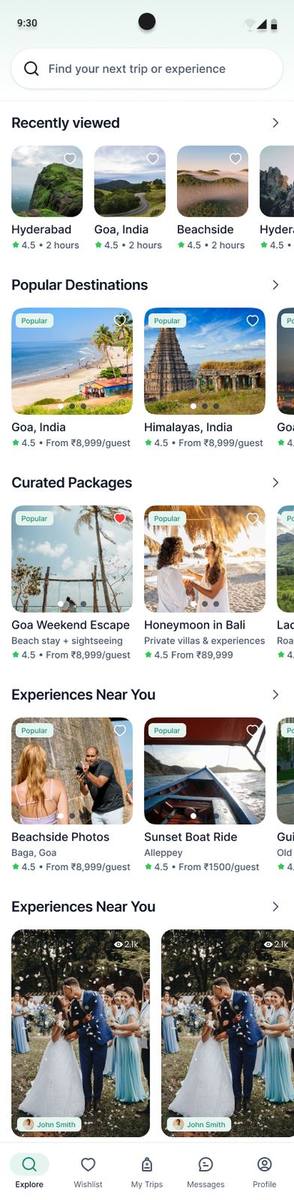 Trip Reel app home screen showing popular destinations and experiences